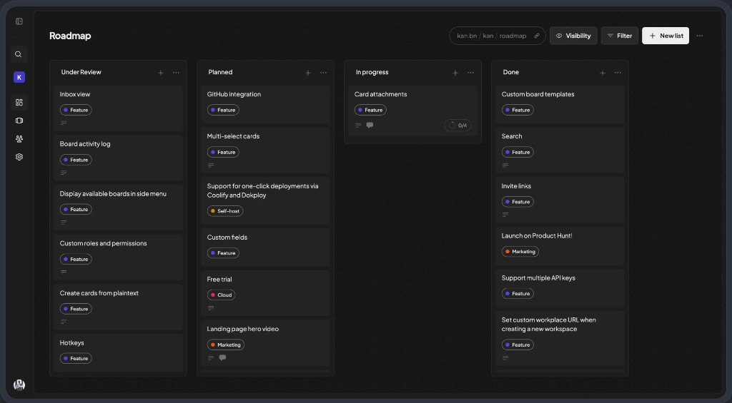 Flowkan roadmap view with kanban columns and project cards